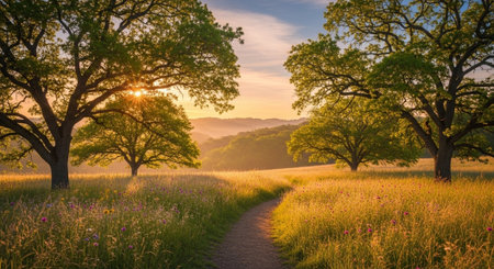 Sunrise over a meadow with trees and flowers in the foreground