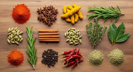 Spices and herbs on a wooden background. Food and cuisine ingredients.