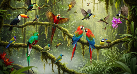 Colorful parrots in the rainforest, 3d render.