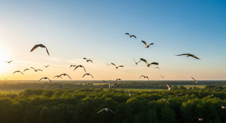 Seagulls flying in the sky over the forest at sunsetの写真素材