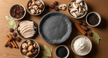 Top view of ingredients for cooking mushroom soup on wooden table, flat lay