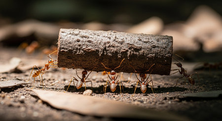 Ants carrying a piece of wood on the ground, teamwork concept