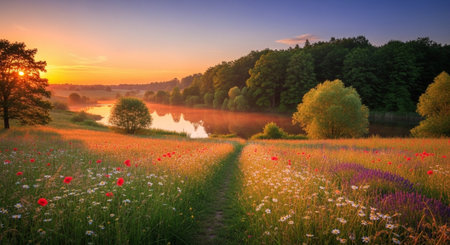 Colorful summer sunrise over the river and meadow with poppies
