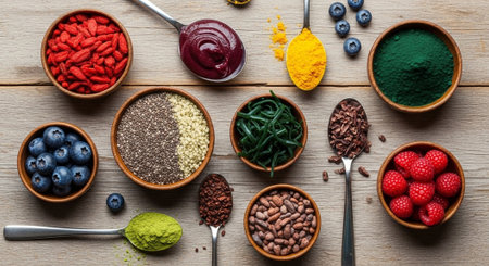 Superfoods in bowls and spoons on wooden table, top view