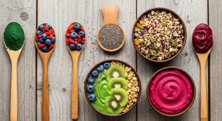 Healthy superfoods - quinoa, chia seeds, kiwi, blueberries and fruits in wooden spoons on wooden backgroundの写真素材