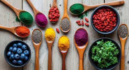 Colorful superfoods in wooden spoons on wooden background.の写真素材