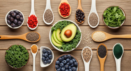 Superfoods in wooden spoons on wooden background. Top view
