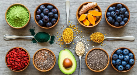 Healthy superfoods in bowls on wooden table, top view