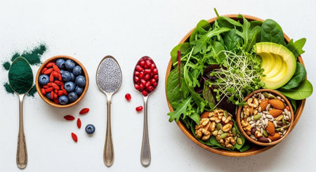 Healthy food concept. Superfoods in wooden bowls on white background.