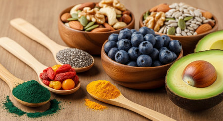 Healthy superfoods in bowls on wooden table, top view