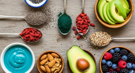 Healthy eating concept. Ingredients for superfoods on a wooden background
