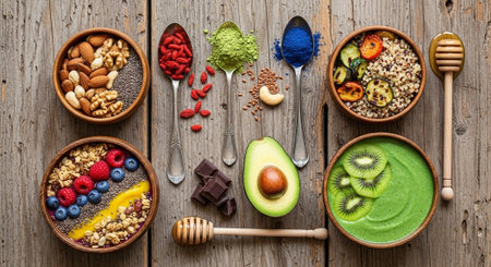 Healthy superfoods in bowl on wooden background. Top view