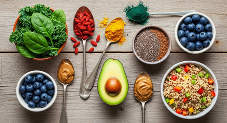 Superfoods containing natural minerals and dietary fiber, healthy nutrition concept