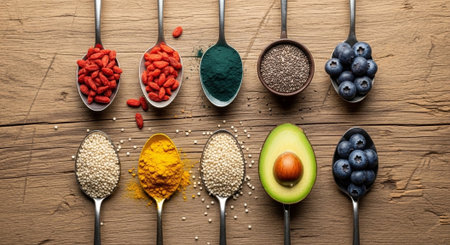 Variety of superfoods in spoons on wooden background.