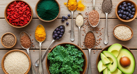 Healthy food ingredients on wooden background. Top view, flat lay