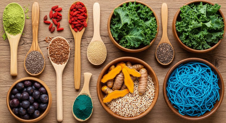 Superfoods for healthy eating in wooden spoon on wooden background.