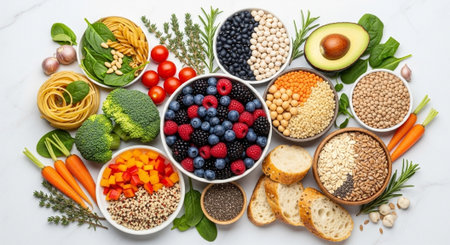 Healthy food clean eating selection: fruit, vegetable, legumes, cereals, superfoods, seeds, grains, nuts, fruits and vegetables. Top viewの写真素材