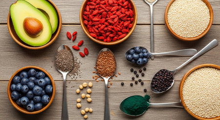 Superfoods and superfoods in spoons on wooden table