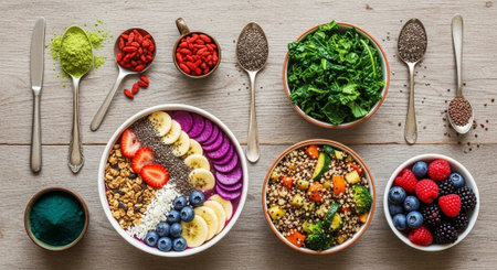 Healthy breakfast bowl with quinoa, strawberries, blueberries, beetroot, chia seeds, spinach, superfoods on wooden backgroundの写真素材