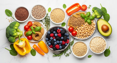 vegetables, fruits, legumes, cereals, superfoods on white marble background. Top view, flat lay