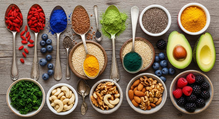 Healthy food selection on wooden background. Superfoods and healthy eating concept.の写真素材