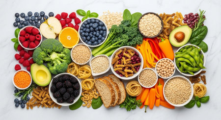 Healthy food clean eating selection: fruits, vegetables, legumes, cereals, superfoods, seeds, grains...