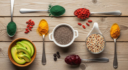 Healthy superfoods, superfoods, superfoods on wooden background.の写真素材