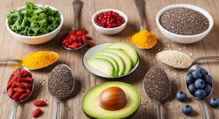 Healthy food ingredients: chia seeds, avocado, goji berries, goji berries and superfoods