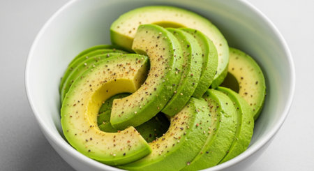 Avocado slices in a bowl on white background, close-up