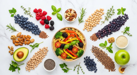 Healthy food clean eating selection: pasta, vegetables, fruits, superfoods and nuts.の写真素材