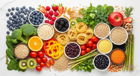 pasta, vegetables, legumes, fruits and superfoodsle background.