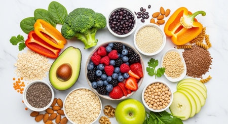 Healthy food clean eating selection: fruits, vegetables, cereals, legumes, seeds, superfoods and...