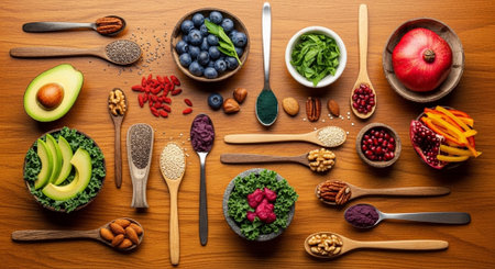 Healthy food selection on wooden background. Superfoods and healthy eating concept.の写真素材