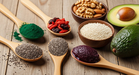 Healthy superfoods. Chia seeds, avocado, goji berries, nuts and seeds on wooden spoons