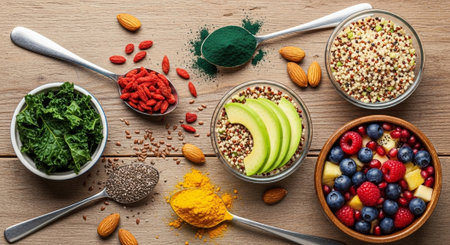 Healthy superfoods with quinoa, avocado, berries and oatmeal on wooden table