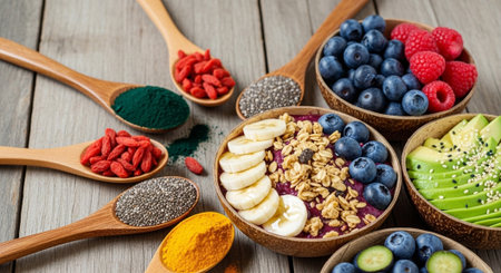 Healthy breakfast bowl with oatmeal, berries and chia seeds on wooden backgroundの写真素材
