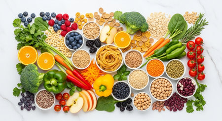 Healthy food clean eating selection: fruit, vegetable, legumes, superfoods, cereals, seeds, nuts,...