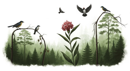 Illustration of a forest with birds and flowers on a white backgroundの写真素材