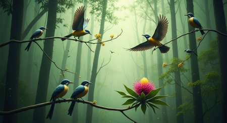 Colorful birds on the tree in the misty forest. Wildlife scene