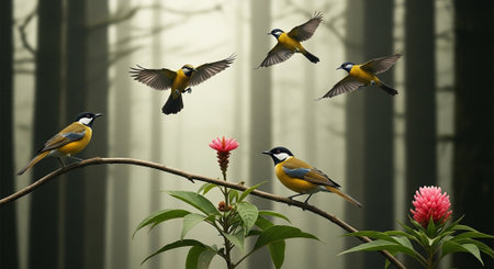 Colorful bird in the forest, Parus major, Goldfinchの写真素材