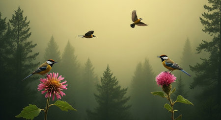A group of birds on a flower in a foggy forest.の写真素材