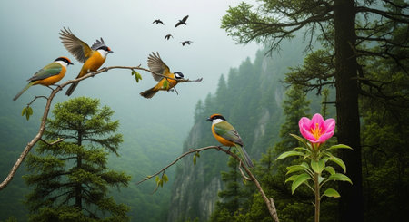 Colorful bird on the branch in the misty forest with flowersの写真素材