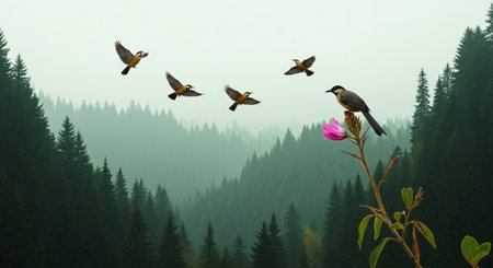 A flock of birds flies over a pink flower in the mountains.の写真素材