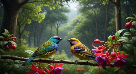 Colorful birds on a tree branch in the rain forest,3d renderingの写真素材
