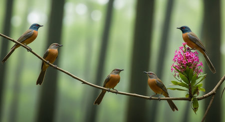 Beautiful birds on a branch in the forest. Bird in the nature.の写真素材