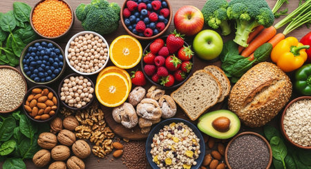 Healthy food clean eating selection: fruits, vegetables, cereals and dairy products. Balanced diet...