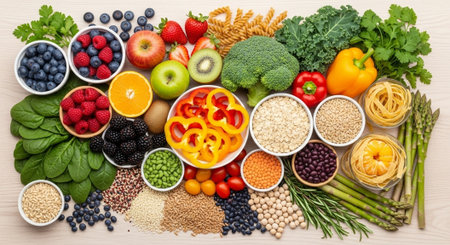 Healthy food clean eating selection: fruit, vegetable, legumes, superfoods, cereals, seeds, herbs...