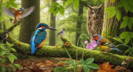 Colorful birds in the forest. Wildlife scene. Nature background.