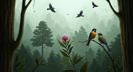 Two birds in a misty forest, 3d digitally rendered illustration