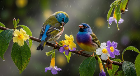 A pair of birds on a branch with flowers and rain drops.